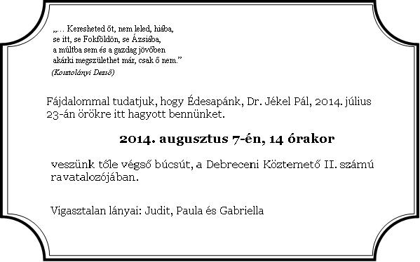 Jékel Pál gyászjelentés