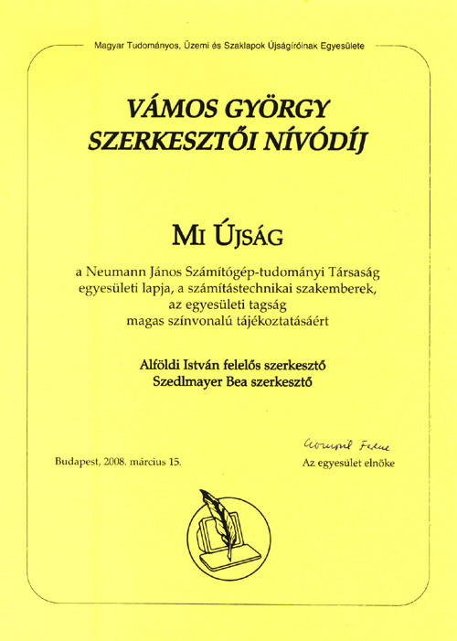 A Vámos György szerkesztői nívódíj fényképe