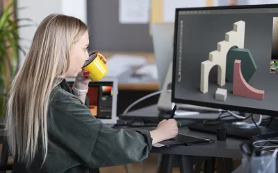 Fiatal lány ül egy monitor előtt és 3d grafikát tervez